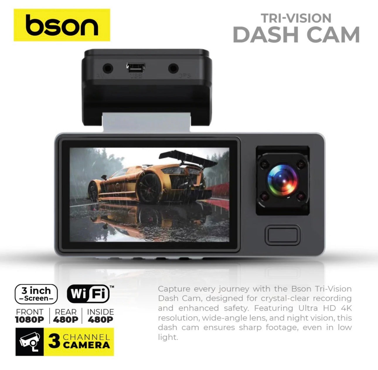 داش كام Bson Tri-Vision – بدقة 1080P، بثلاث عدسات أمامية وداخلية وخلفية،