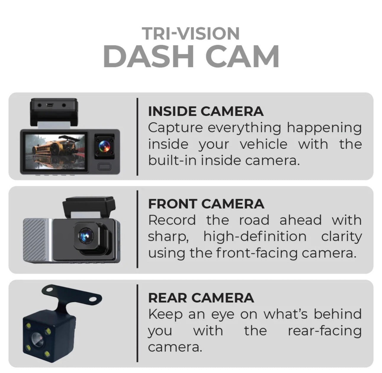 داش كام Bson Tri-Vision – بدقة 1080P، بثلاث عدسات أمامية وداخلية وخلفية،