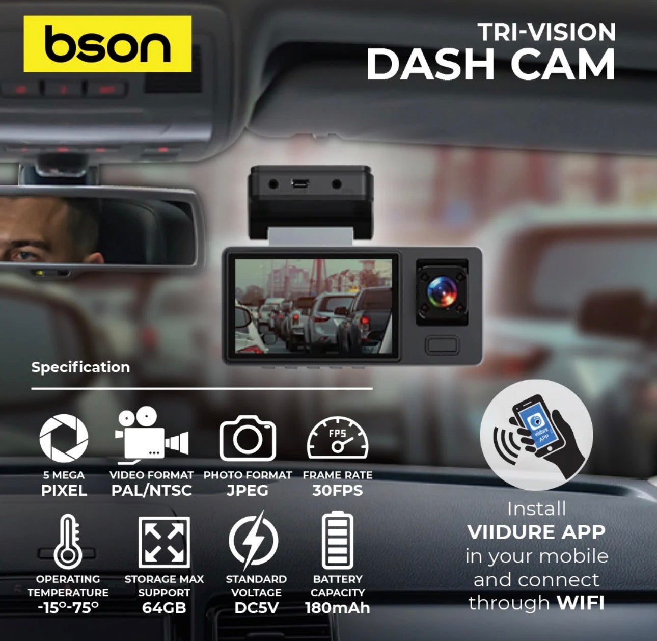 داش كام Bson Tri-Vision – بدقة 1080P، بثلاث عدسات أمامية وداخلية وخلفية،
